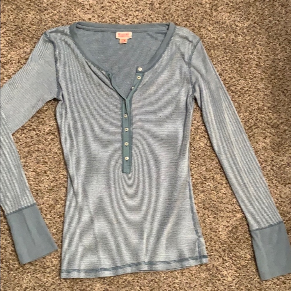 Blue Long Sleeve Thermal Half Button Top